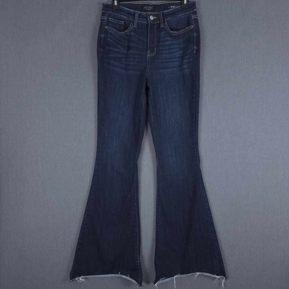 Judy Blue Flare Jeans Womens 27 (Fits 28x32) Dark Blue Raw Hem Denim JB82343DK